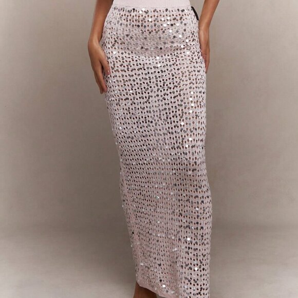 Baby Pink Casual Women's Mesh Crochet Sequin Embellish Maxi Skirt - Picture 2 of 4